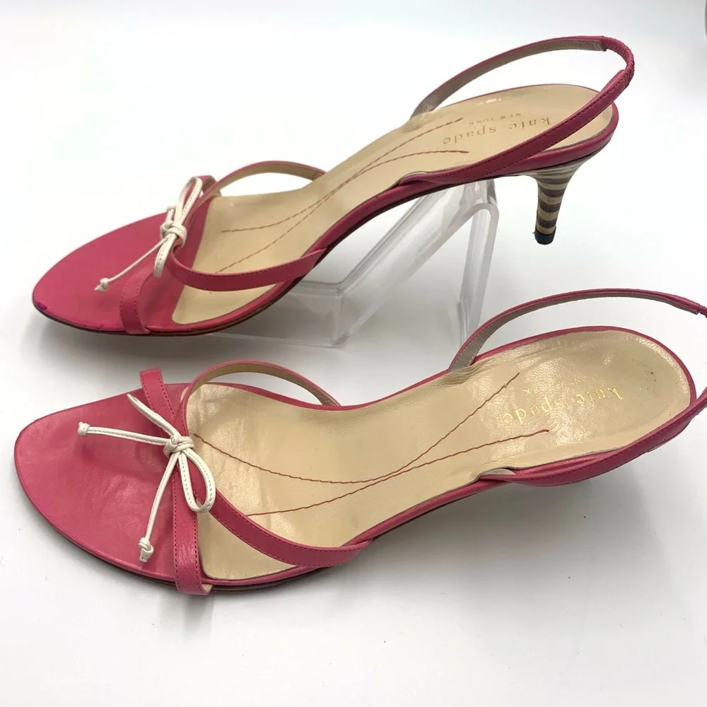 ❤️ Kate Spade ❤️Pink White Bow Strappy Sandals Wooden Kitten Heels Shoes 10B - Picture 2 of 8